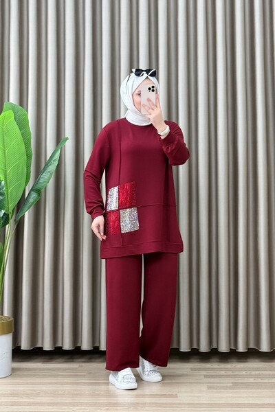 ALYA Ecrin Set Crystal Fabric Women's Burgundy Shiny Patterned Trousers Two-P...
