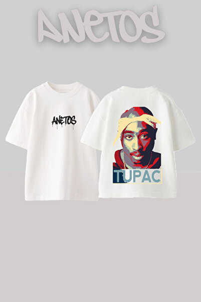 Anetos T-shirt Tupac Shakur με σχέδιο στο πίσω μέρος, βαμβακερό, λευκό, overs...