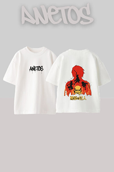 Anetos Tricou oversize alb din bumbac cu imprimeu pe spate Attack Titan 1 Design