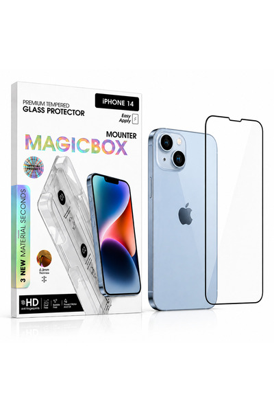 iPhone 14 Temperli Cam Ekran Koruyucu Magic Box Kolay Kurulum 9H Çizilmez Full Kaplama