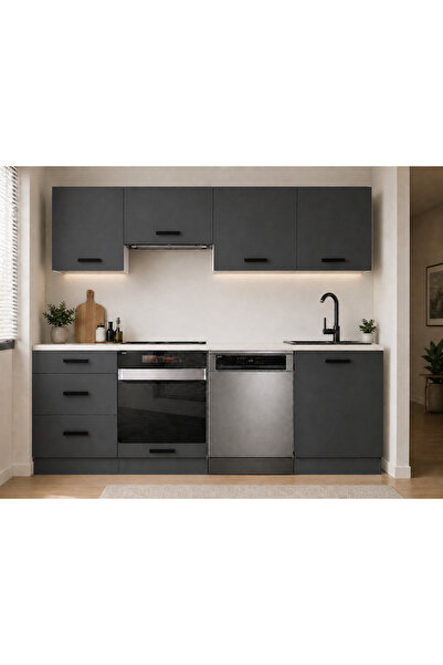 Tdesigno Sima Hazır Mutfak Dolabı 240 cm-Beyaz Laminat Tezgah Dahil-Bulaşık M...