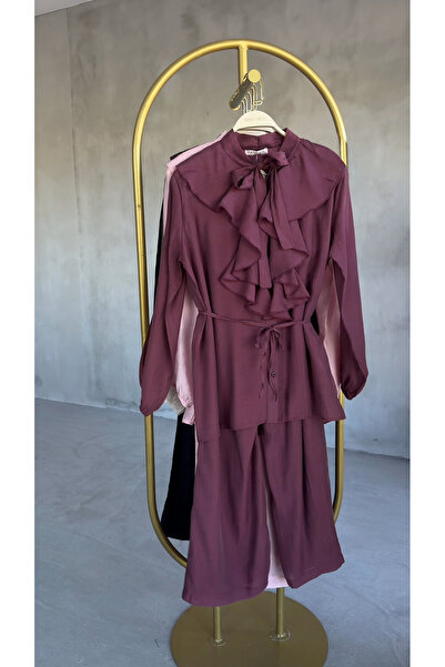 Hatun Atila Γυναικείο Σετ Modal Δύο Τεμαχίων με Γιακά με Βολάν και Παντελόνι ...