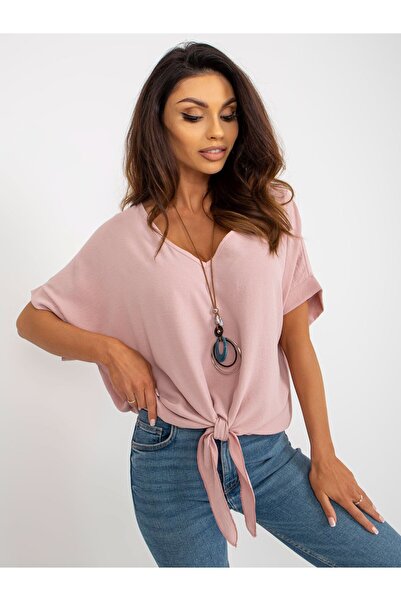 Moda Italy Bluză Roz Casual cu Decolteu în V și Colier Statement Lung Inclus,...