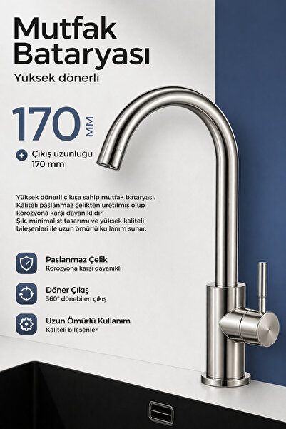 SUVİA Mutfak Bataryası 360° Döner Paslanmaz Çelik Yüksek Ağızlı Evye Musluğu