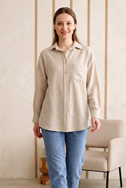 FERHEL Γυναικείο Βασικό Λινό Πουκάμισο με Μία Τσέπη και Κουμπιά - Πέτρινο