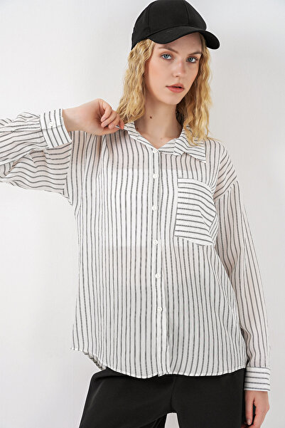 Bigdart Γυναικείο πουκάμισο με μία τσέπη, ριγέ, oversized 20375 - Λευκό