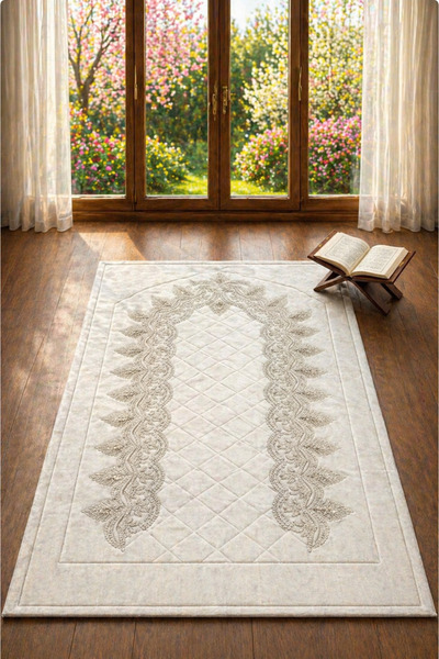 Hig Store Kapitoneli Nakışlı Çeyizlik Seccade.Krem. 70x110 cm