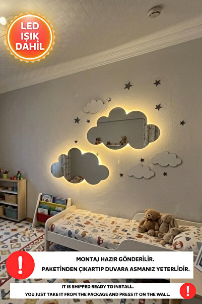Dekorvin 2 Ledli Aynalı Bulut Gece Lambası Bebek Çocuk Odası Çiftçi Duvar Dek...