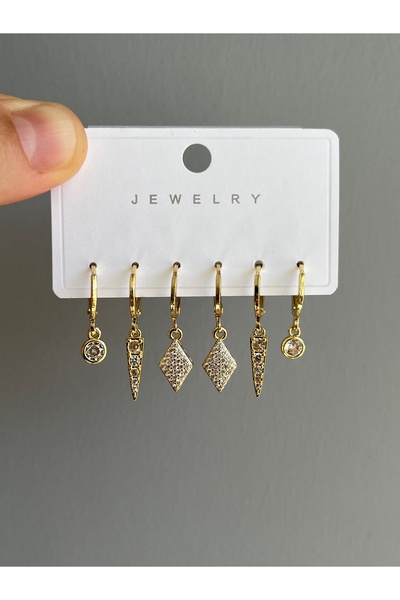 yeknova VIP 14K Gold Renginde Vintage 3 Çift (6adet) Kararmaz Kadın Halka Küp...