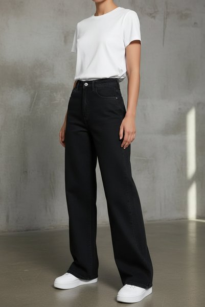 WODDİ Heaven Women's High Waist Black Loose Wide Leg Jeans Wide Leg Palazzo Denim Pants