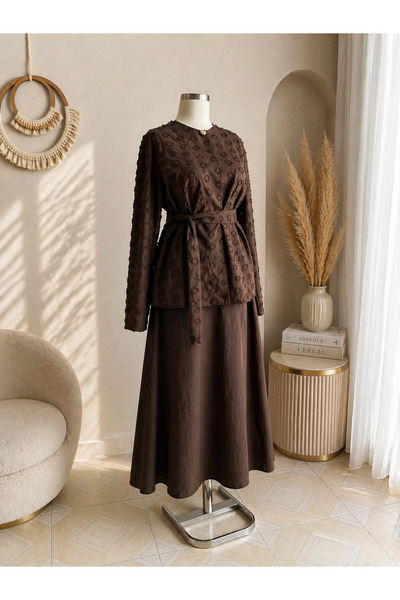 Efulim Womens Jakar Desenli Bluz Etek Takım