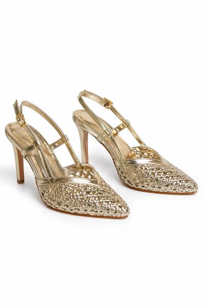 Melissa Boutique Kadın Gold İthal Yumuşak Deri Örgü Arkası Açık 9 cm Stiletto