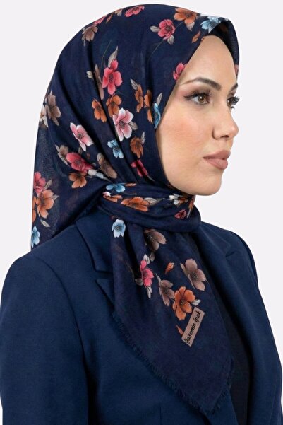 hadiora Women's Navy Blue Floral Patterned Flared Scarf