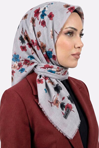 hadiora Women's Light Gray Floral Patterned Flared Scarf