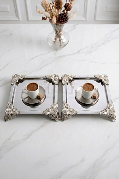 NESS HOME 2-Piece Square Stainless Steel Silver Coffee Presentation Tray with...