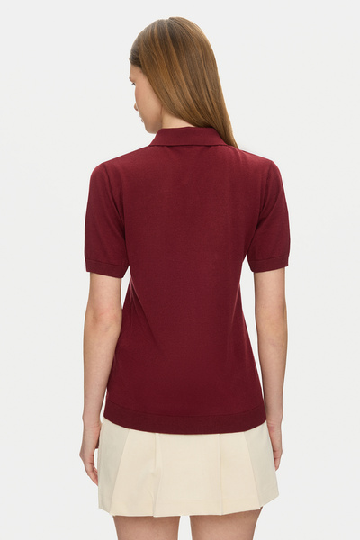 UCLA ASHERA Bordo Polo Yaka Half Zip Triko Nakışlı %100 Pamuk Standard Fit Kadın Tshirt