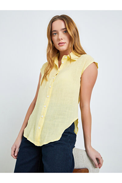 Take Two By Styli Yellow Crinkled Cap Sleeves Cotton Shirt