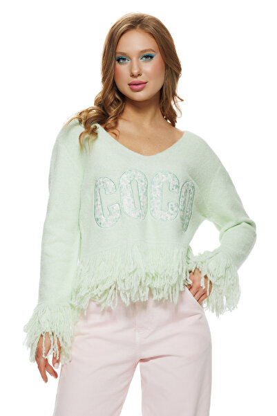 Fofy Bluza dama eleganta din tricot premium verde menta cu broderie cu floric...