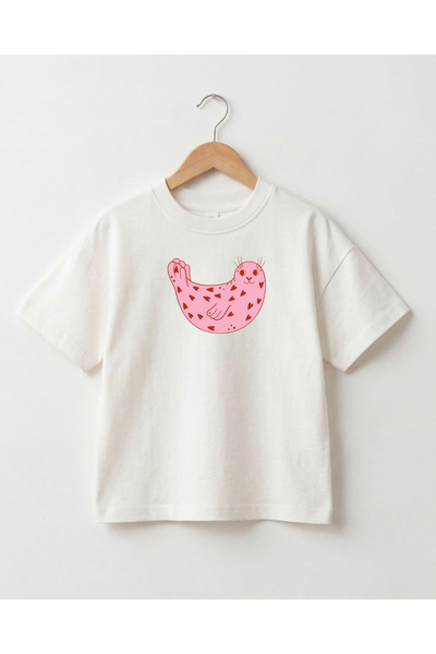 babytex Oversize Kids T-Shirt Cute Pink Seal Printed Cotton Relaxed Fit