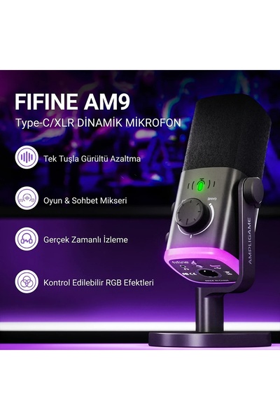 Fifine مجموعة ميكروفونات Ampligame AM9 الهجينة USB/XLR للبث المباشر