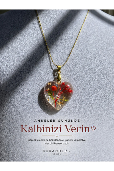 DuranberkDesign Gerçek Çiçekli Epoksi El yapımı Kalp Kolye – Altın Varaklı (B...