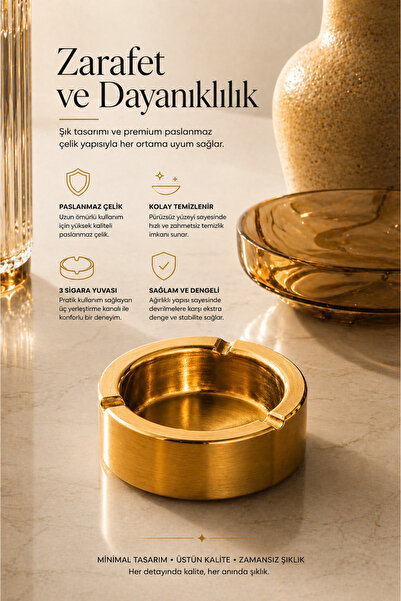 DİVAYS Gold Metal Küllük Paslanmaz Çelik Dekoratif Şık Tasarım Modern Masa Kü...