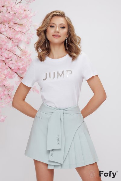 Fofy Tricou dama alb premium din bumbac 100% cu imprimeu argintiu 3D JUMP