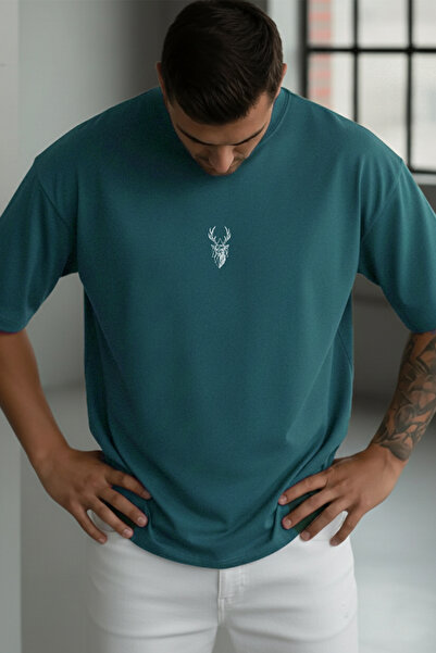 Millionaire Men's Petrol Green Deer Printed Oversize Fit Loose Wide Fit Casua...