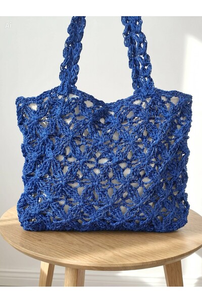 Meya design Women's Saks Blue Special Hand-Knitted Snap Fastener Shoulder Bag...