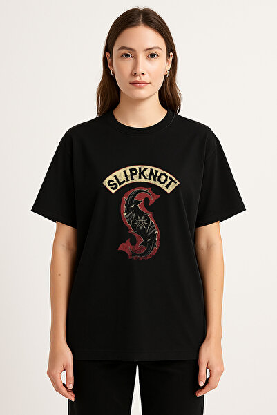 AYDESİGN تي شيرت أسود برقبة دائرية مطبوع عليه Slipknot