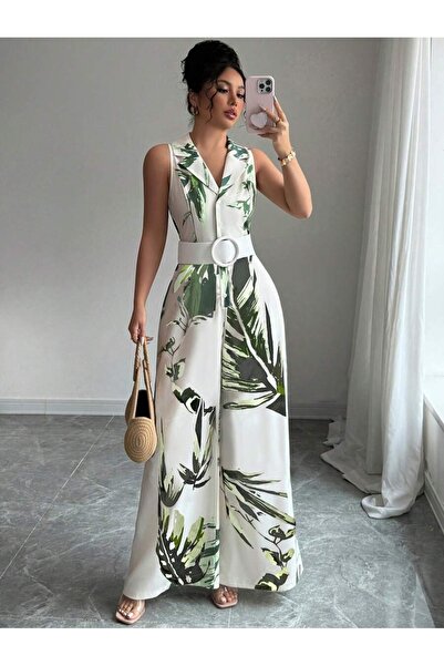 Iuliashop White Betty Overalls with Green Print - S