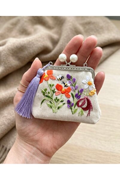 Home Mini Cüzdan El Nakışlı Kır çiçekli , Nakış %100 El Emeği 10x15 Ölçü