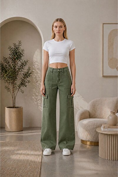 Rosita Kadın Yüksek Bel Full Likralı Kargo Cep Wide Leg Jean