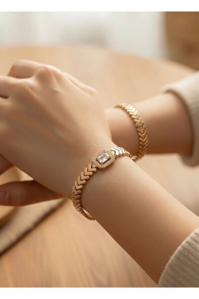 VS 14K Altın Kaplama Taşlı Baget Zincir Bileklik- Modern Klasik Seri