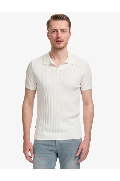 Ecru Slim Fit 100% Cotton Apache Neck KnitwearT-Shirt50325074-VR019