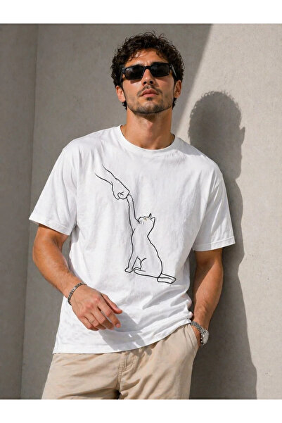 LUMİART Men's Minimal Cat Illustration Printed T-Shirt Short Sleeve Summer T-...