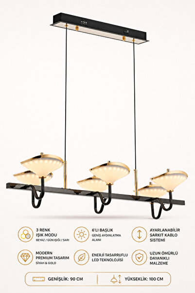 Elvora Home Modern (PREMİUM) Ayarlanabilir Sarkıt 3 Renk LED 6'lı Avize Siyah...