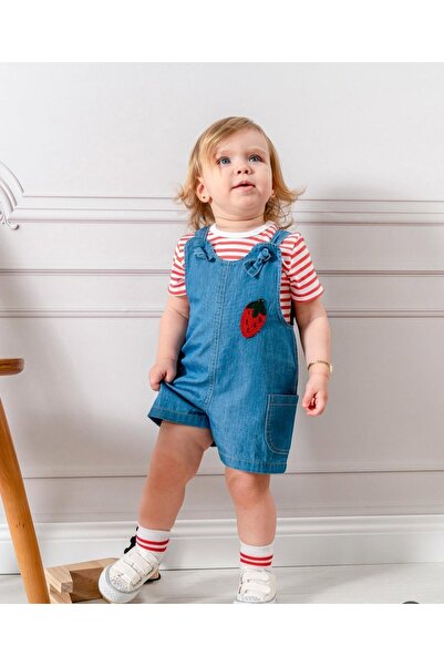 minibirstil KIZ BEBEK ÇİZGİLİ TİŞÖRT KOT SALOPET 3'LÜ TAKIM