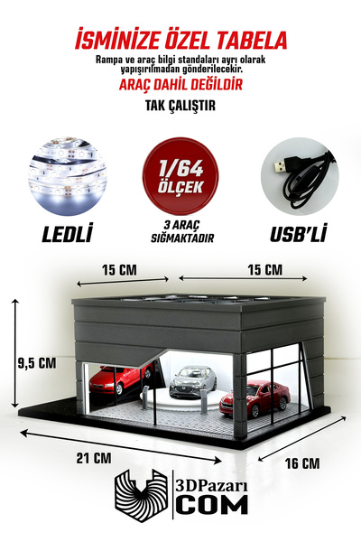 Butik 1/64 Ölçekli Gri Renk Ledli Showroom Tasarımlı Diorama Araç Sergileme G...