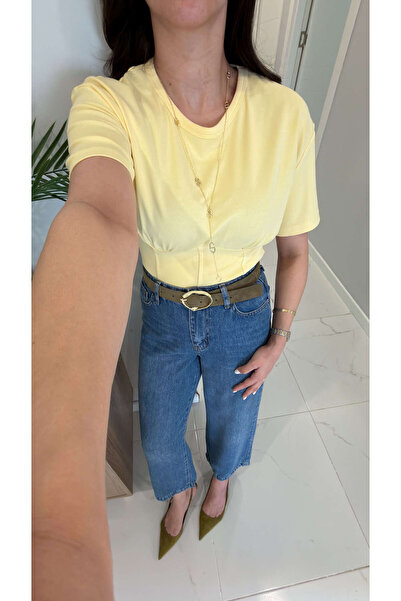 BİRCANÇİL Voless Yellow Waist Corset Short Sleeve T-Shirt