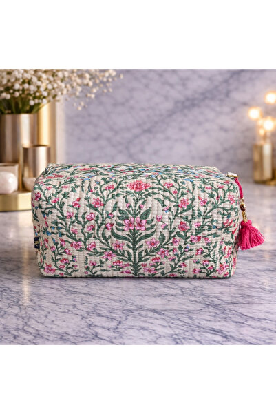 Tohfa Luxe Zova Beige Handmade Block Printed Pouch - Large