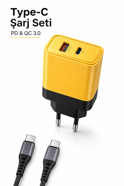 xzemzer Şarj Aleti Seti PD QC 3.0 & Type-C Çift Girişli Adaptör + Type-C Kablo