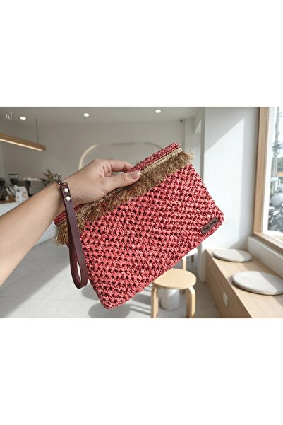 Meya design El Yapımı Kağıt İp Rafya Clutch Çanta - Fermuarlı ve Bileklikli -...