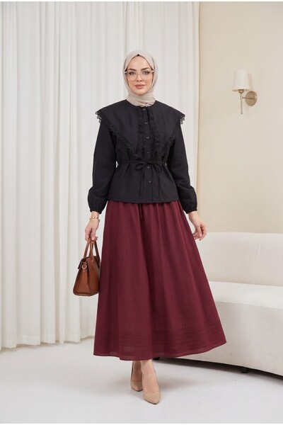 HİJABAYA Dantelli Geniş Yakalı Bağcıklı Kolu Lastikli Poplin Gömlek