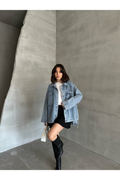 Esra Butik78 Açık Mavi Yıkamalı Oversize Kot Ceket Çift Cepli Salaş Denim Ceket