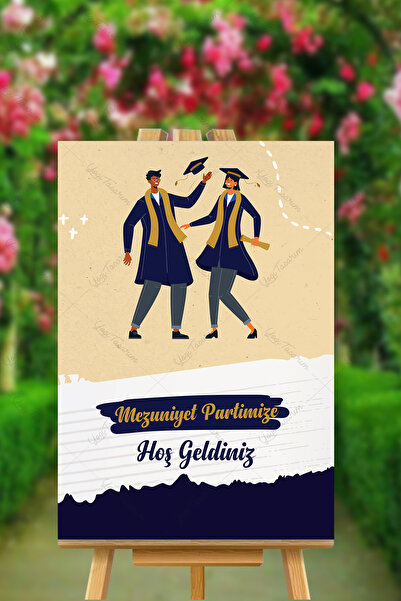 Yogi Tasarım Kep Atan Öğrencili Mezuniyet Partisi Karşılama Panosu 40x60cm MDF