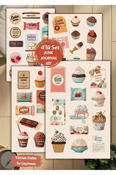 VORACRAFT 4'lü Pasta, Kek Sticker Set Ajanda Bullet Junk Journal Planlayıcı S...