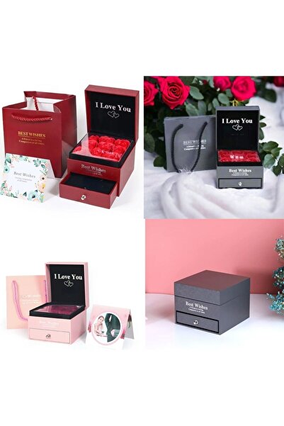 C&On Design Şık Çekmeceli Güllü Takı Kutusu, Bordo Renkli, Zarif ve Kullanışl...