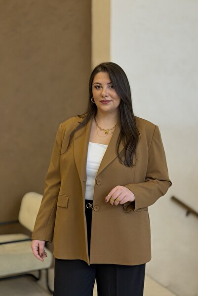 CHUL BÜYÜK BEDEN KADIN OVERSİZE ASTARLI BLAZER CEKET - TABA
