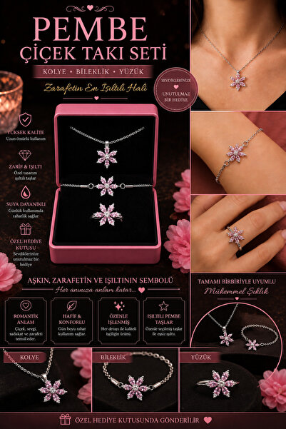 Selvica 3 Lü Çelik Pembe Lotus Kolye Pembe Lotus Bileklik ve Pembe Lotus Ayar...